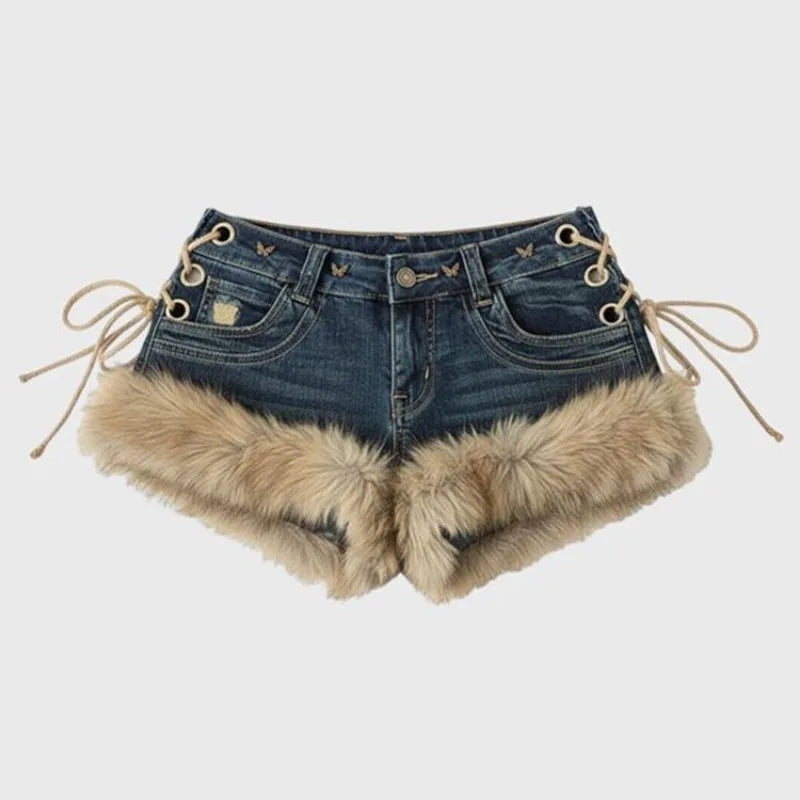 Retro Y2k Low-Rise Denim Shorts – Winter Fluffy Feather Splicing Slim Hot Pants