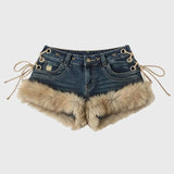 Retro Y2k Low-Rise Denim Shorts – Winter Fluffy Feather Splicing Slim Hot Pants