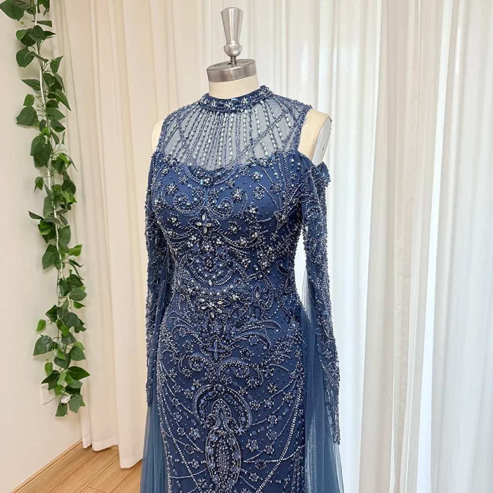 Luxury Beaded Mermaid Evening Gown | Cape Sleeve
