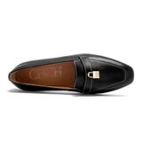 Women's Leather Loafers with Gold Lock Detail Square Toe Low Heel Penny Casual Office Slip-On Dress Shoes for Woman