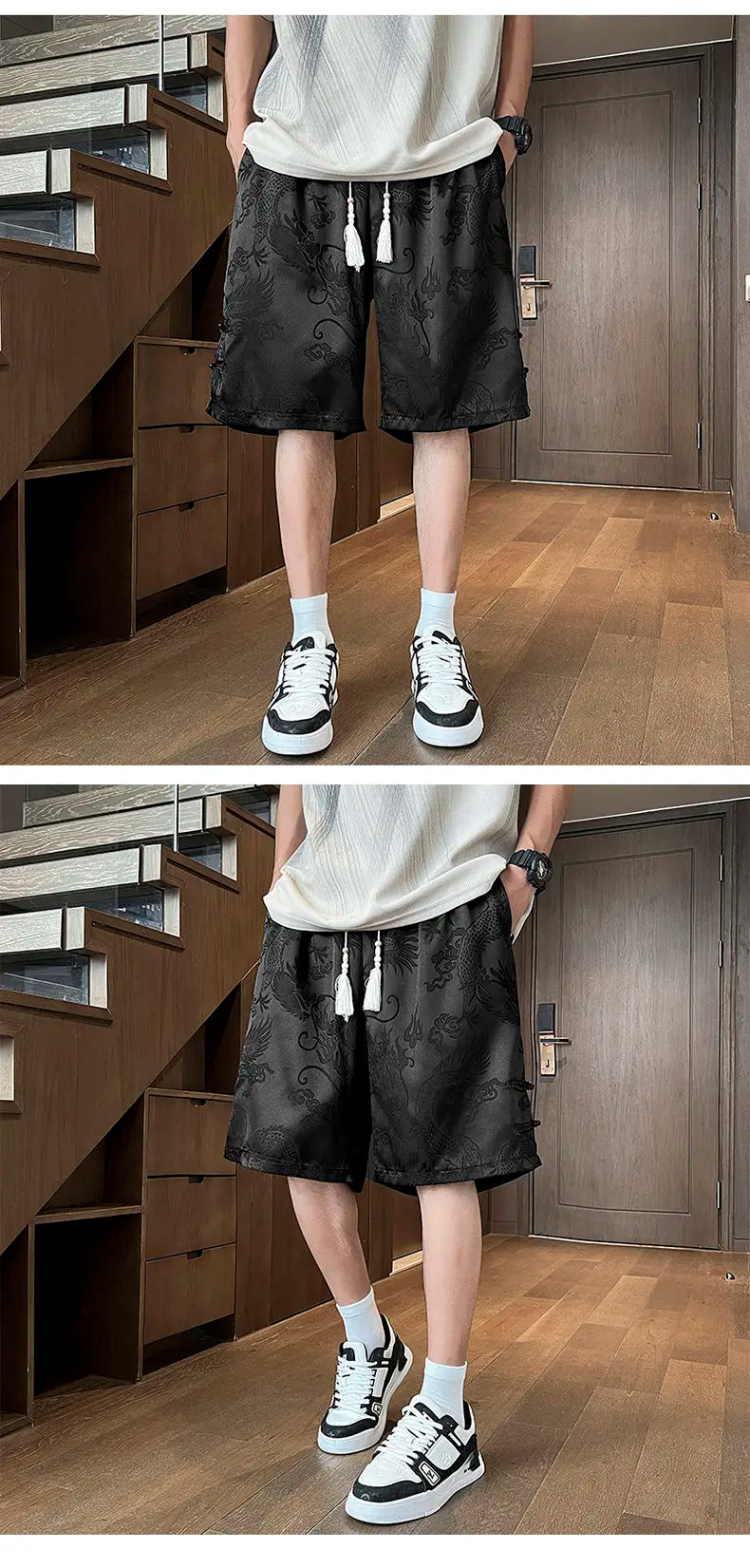 Men's Dragon Print Twill Shorts | Plus Size M–5XL