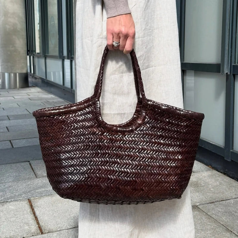Leather woven bag, large-capacity women's tote bag, holiday leisure top layer cowhide shoulder bag, vegetable basket bag.