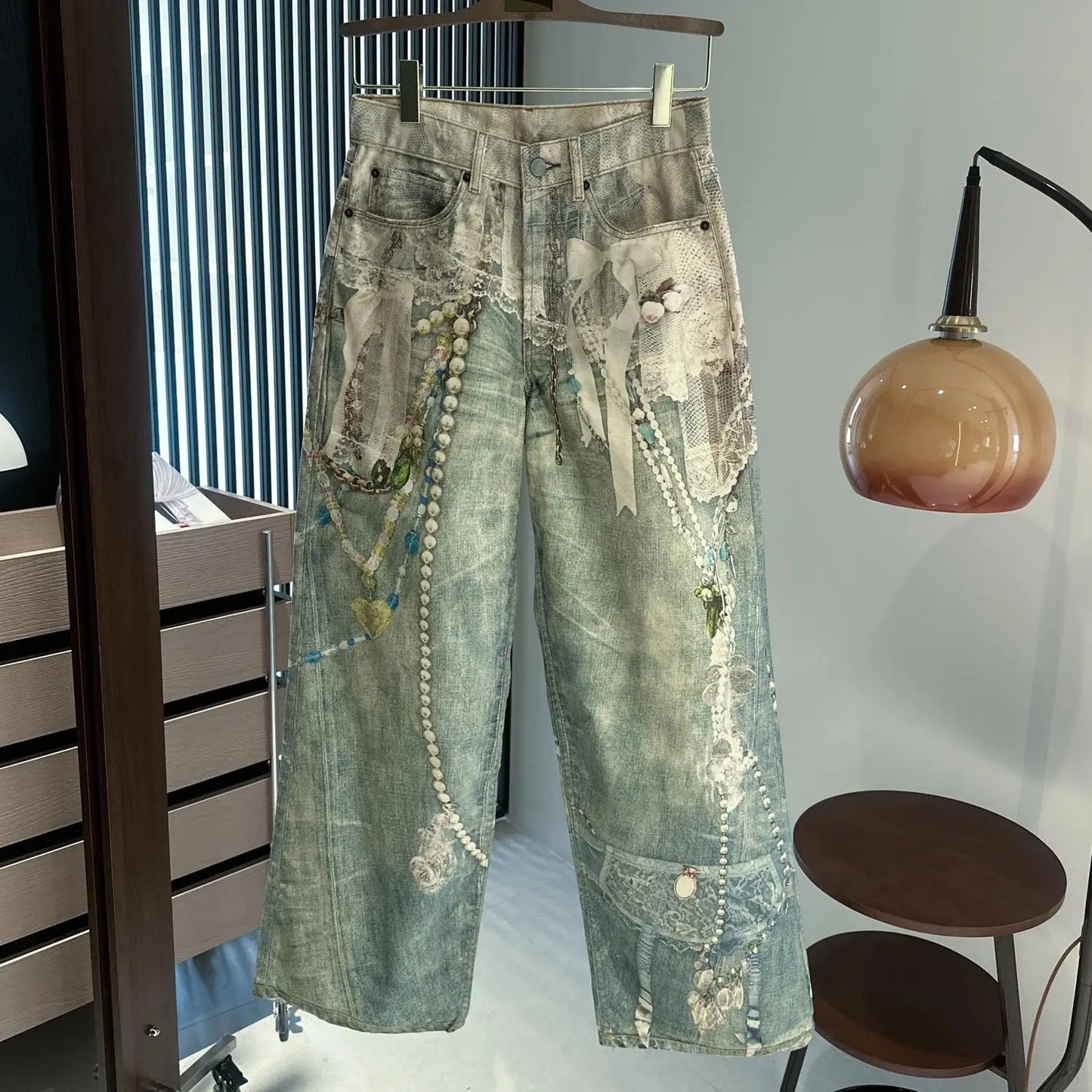3D Pearl Chain Trompe L'Oeil Straight-Leg Jeans