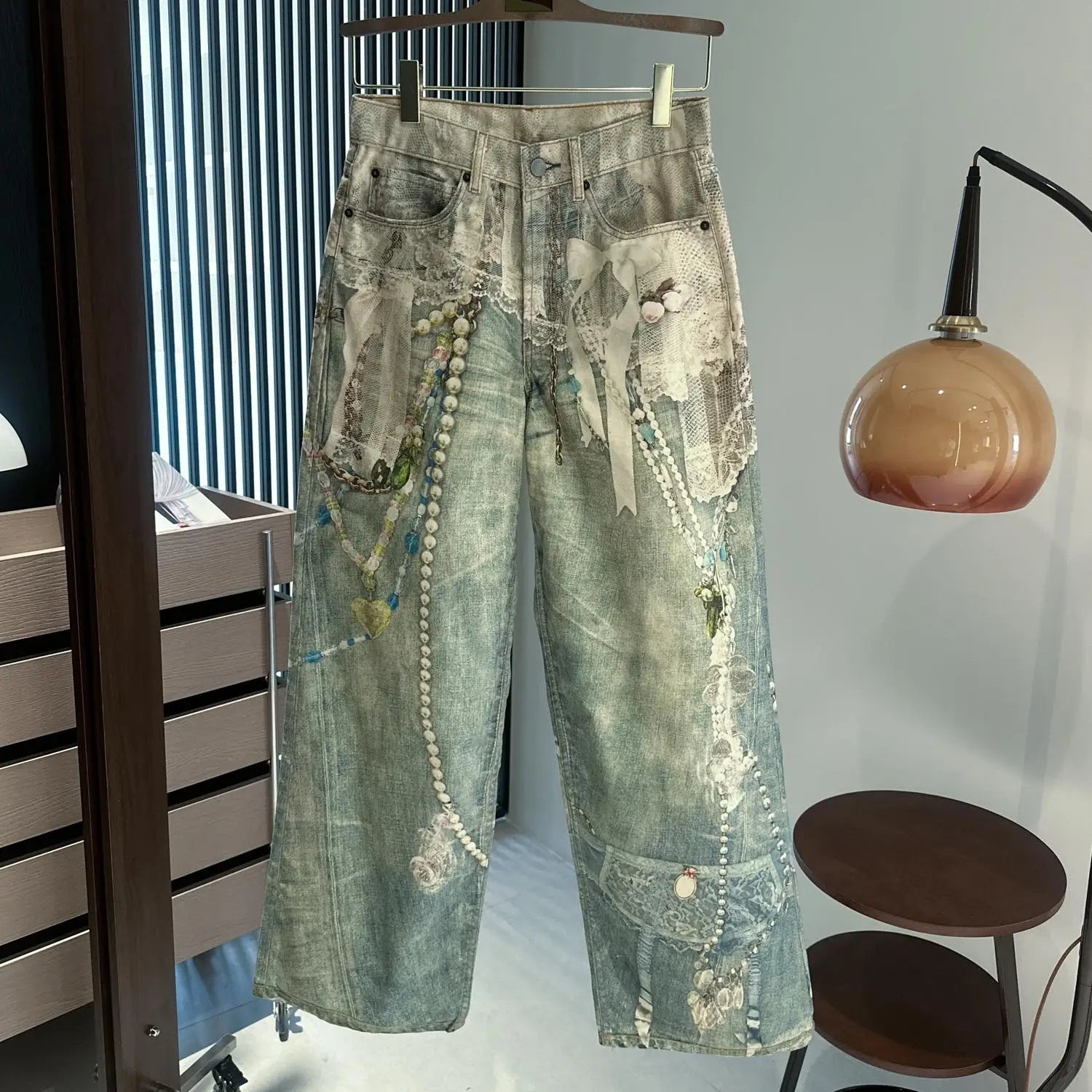 3D Pearl Chain Trompe L'Oeil Straight-Leg Jeans