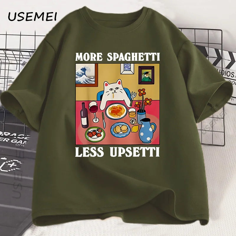 More Spaghetti Less Upsetti Funny Cat T-Shirt Men Women Printed T Shirt Harajuku O Neck Cotton Short Sleeve Tee Shirt Cat Lover
