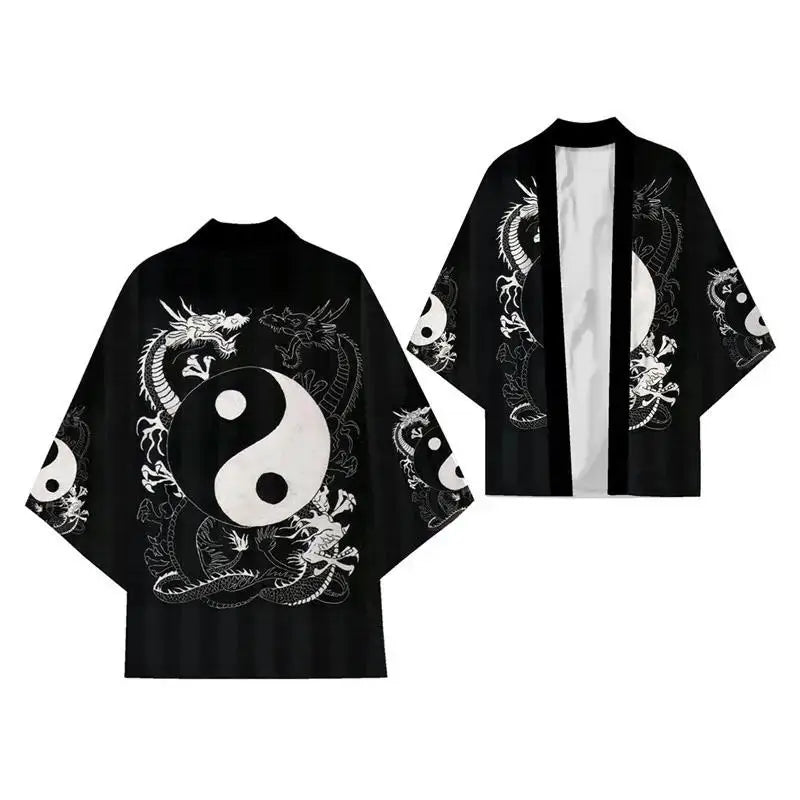 Men's Dragon Print Kimono Cardigan — Oversized Haori Yukata Shirt
