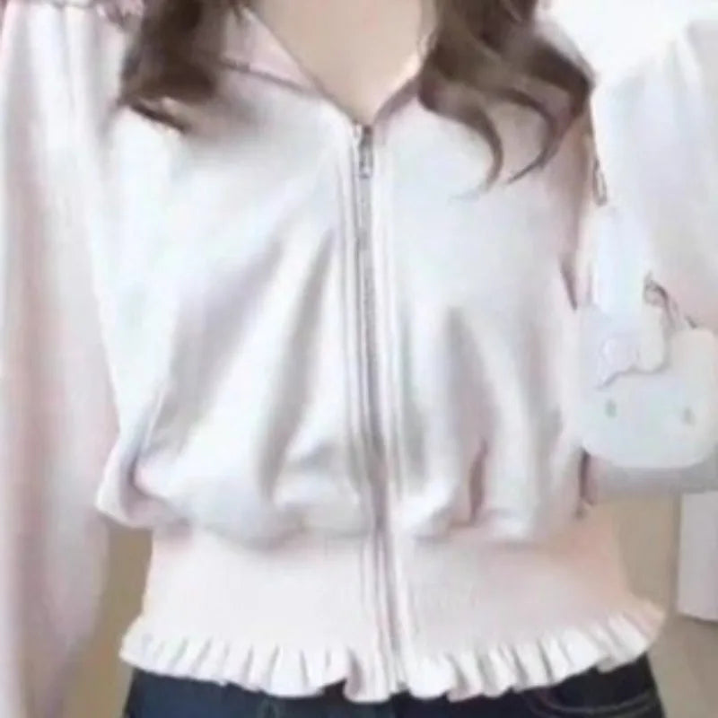 Matakawa Sweet Pink Hoodies Woman Tops Ruffles Spring Autumn Sweatshirts Korean Fashion Hooded Y2k Sudaderas Mujer