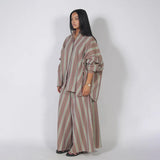 Fashion Stripe Long Pants Set Women Chic Lapel Single Breasted Shirt High Waist Wide Leg Trousers 2026 Spring New 2 Pcs Outfits