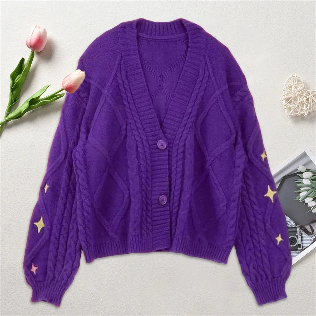 Chic Vintage Star Print Knit Cardigan - V-Neck Aesthetic Preppy Sweater