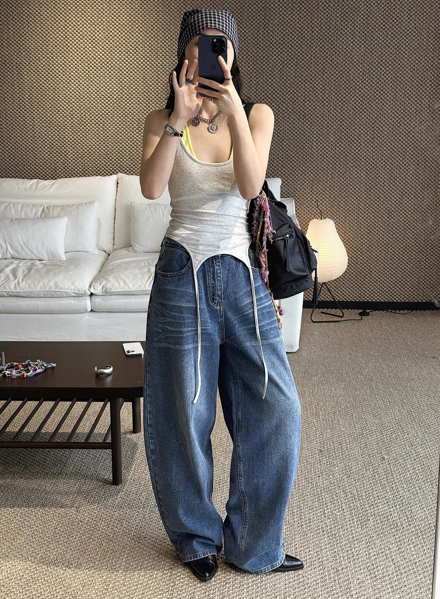 Spring/Summer New American Retro Fashionable High Waist Washed Used Cat Beard Jeans Loose Wide Leg Pants Women
