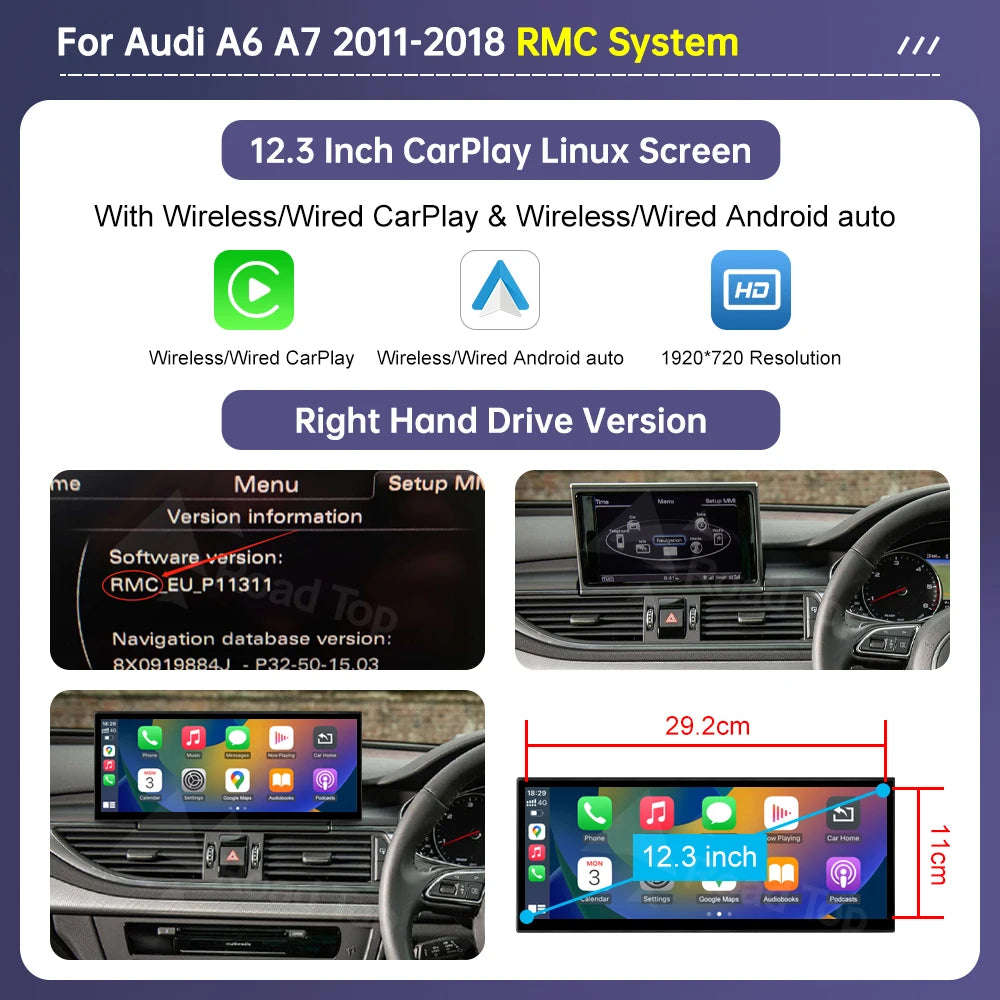 Road Top 12.3" CarPlay Screen for Audi A6 C6 A7 C7