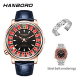 HANBORO Men's Fully Automatic Mechanical Watch Casino Wheel Rotating Dial Luxury Rose Gold Unique Personalized Watch