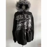 Korean Fashion Sweatshirts Harajuku Gothic Printed Coats Jackets Subculture Vintage Faux Fur Hooded Women Casual Y2k Clothing