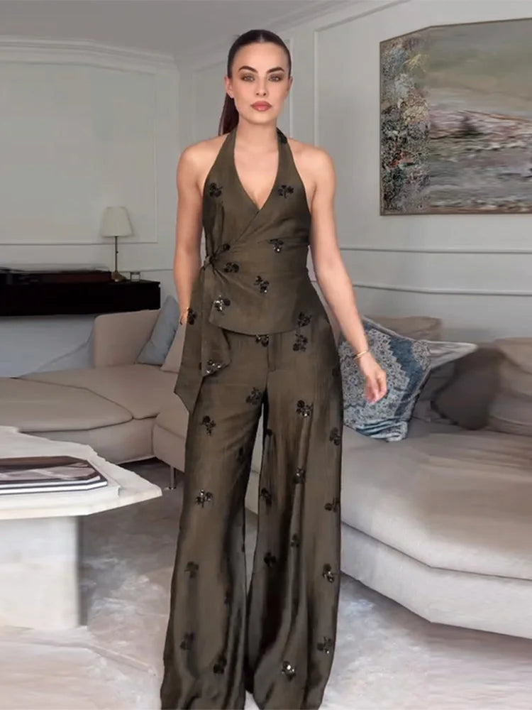 Sequin Two-Piece Set Women's Floral Set Halter Neck Wrap Top Wide-Leg Pants Trousers Party Co-Ord Vacation Wear Woman Clothes