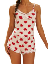Heart Print Ruffled V-Neck Lounge Set