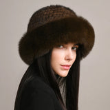 Genuine Knitted Mink Fur Hat with Fox Fur Brim