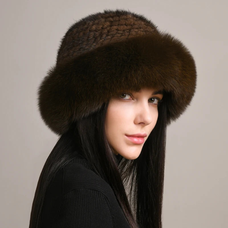 Genuine Knitted Mink Fur Hat with Fox Fur Brim