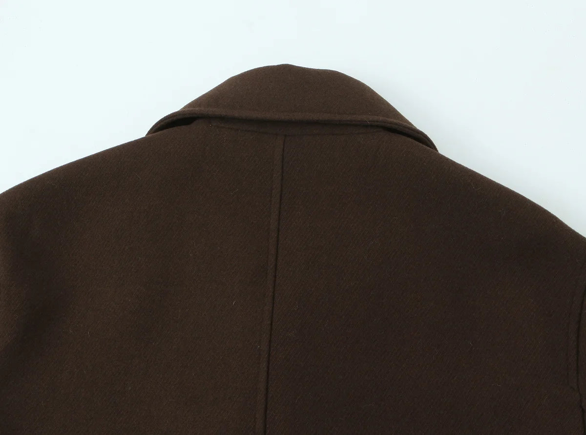 NLZGMSJ Vintage Casual Chic Women Overcoat Solid Pockets Double-breasted Short Coat New Fashion 2025 Winter Holiday Coats