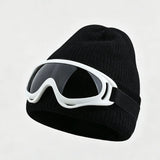 winter Fuzzy White Knitted Beanie Hat with Glasses Outdoor Winter Skiing Windproof Thermal Skullies Bonnet Ski Goggles Decor