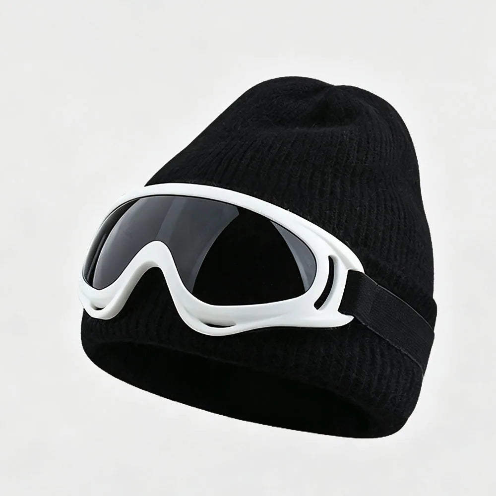 winter Fuzzy White Knitted Beanie Hat with Glasses Outdoor Winter Skiing Windproof Thermal Skullies Bonnet Ski Goggles Decor