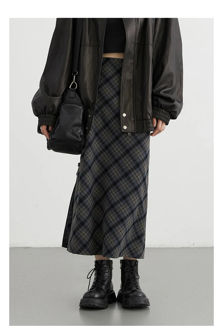 CHIC VEN Women Long Skirt Casual New Sweet Cool Style High Waist Slit Plaid Half Skirt Straight Tube Skirts Spring Autumn 2024