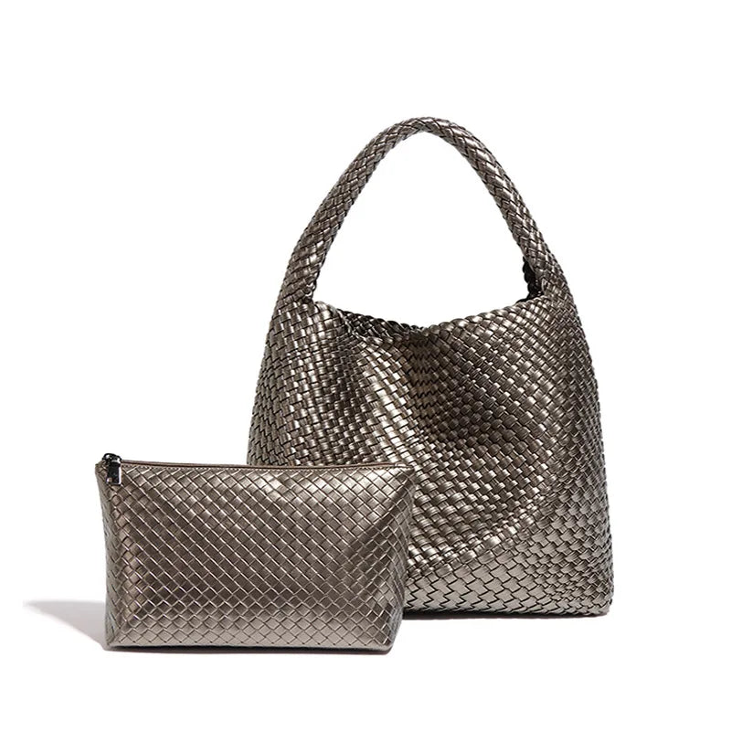 2025 Women Bag Luxury PU Leather Handbag Lady Fashion Handmade Knitting Tote Female Hand-woven Basket Shoulder Bag with Purse
