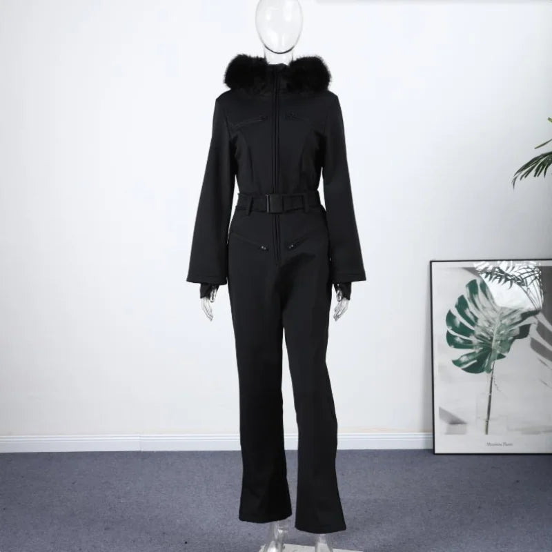 Women’s Faux Fur Hooded Ski Jumpsuit | Waterproof Winter Romper