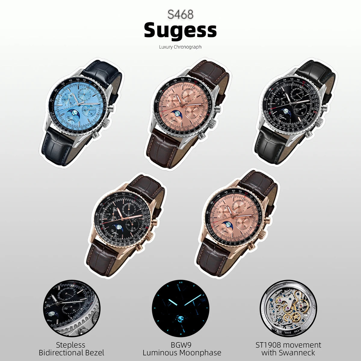 Sugess Watch Mens Moonphase Pilot Chronograph Mechanical Wristwatches Tianjin ST1908 Movement Swanneck Sapphire Crystal Luminous