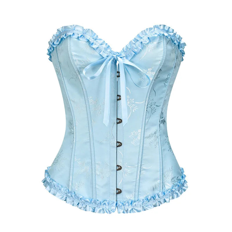 USA-Made Jacquard Ruffled Overbust Corset – Gothic Victorian Push-Up Bustier