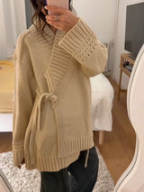 Chic V-neck Knitted Lace-up Women Cardigan Elegant Solid Full Sleeve Loose Cropped Sweater 2026 Lady Commute Office Cardigans
