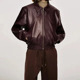 Vintage Wine Red Loose Short Leather Jacket Women Fashion Lapel Long Sleeves Zipper Cropped Coat 2025 Autumn Lady Street Outwear