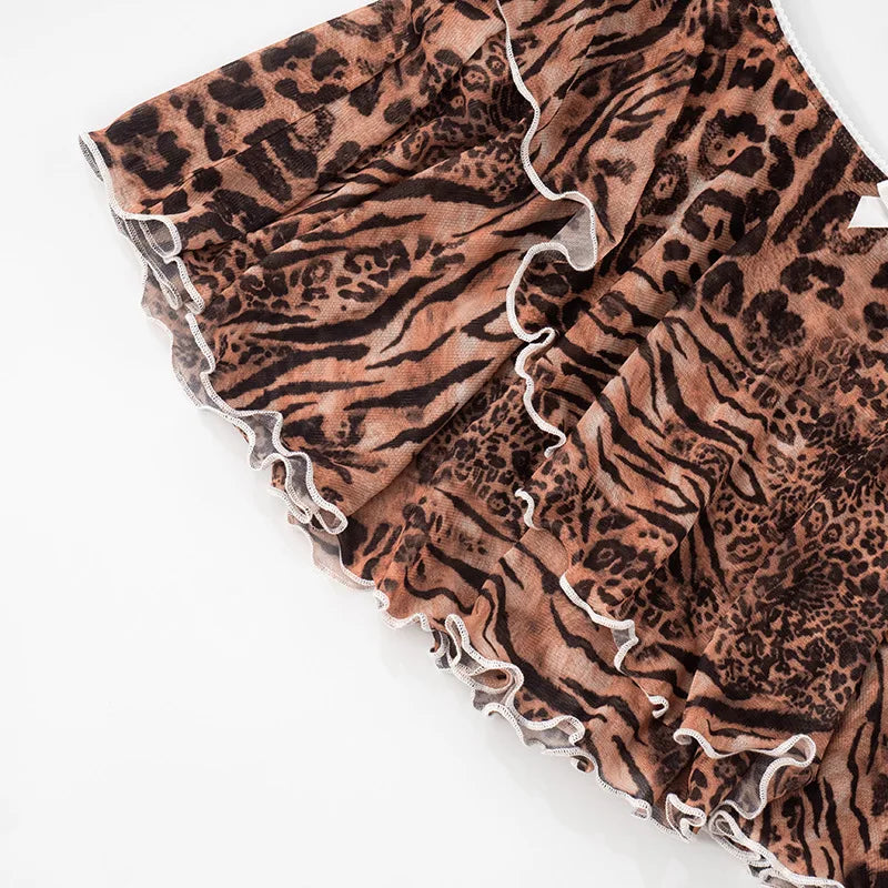 Leopard Print Skinny 2-Piece Set | Mesh Sleeve Crop Top & Ruched Skirt
