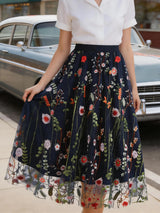 Tonval Floral Embroidered Mesh Midi Skirt – Elegant & Vintage