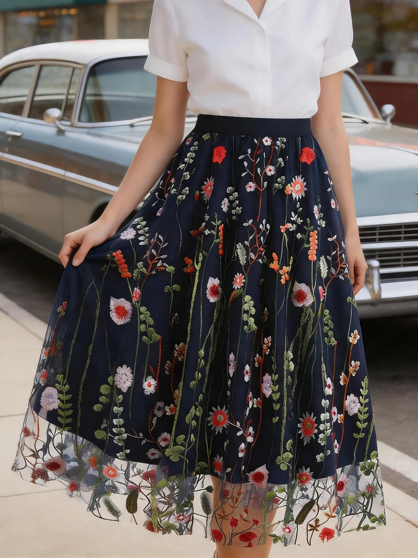 Tonval Floral Embroidered Mesh Midi Skirt – Elegant & Vintage