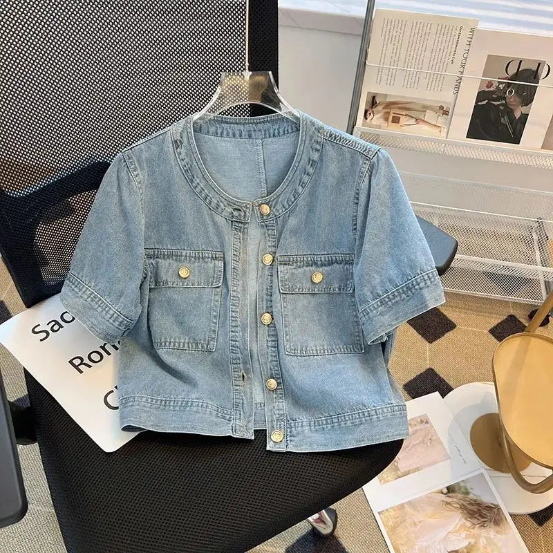 Women's Retro Cropped Short Sleeve Denim Jacket