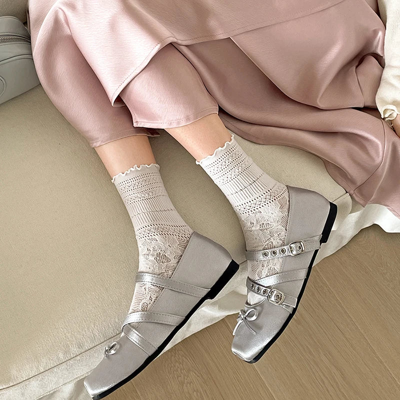 Butterfly Knot Ballet Flats – Elegant Square Toe Women's Flat Shoes