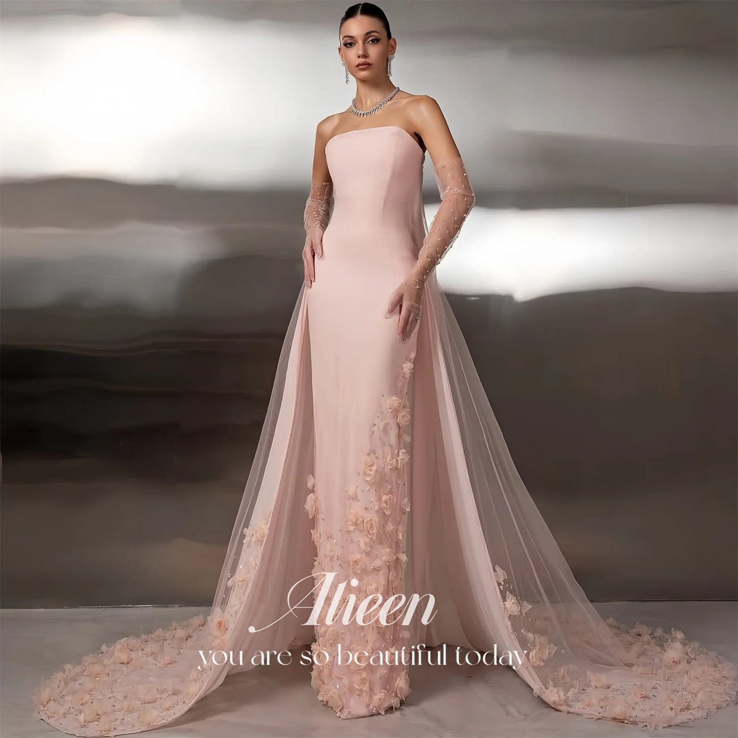 Pink Tulle Strapless Mermaid Evening Gown | Floral