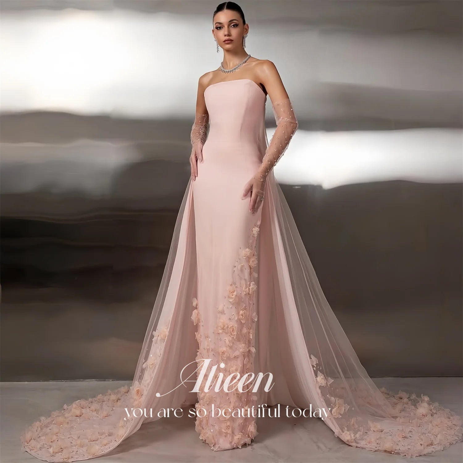 Pink Tulle Strapless Mermaid Evening Gown | Floral