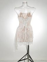 Strapless Lace Mini Dress – Elegant Sheer Patchwork Slim Fit Evening Dress