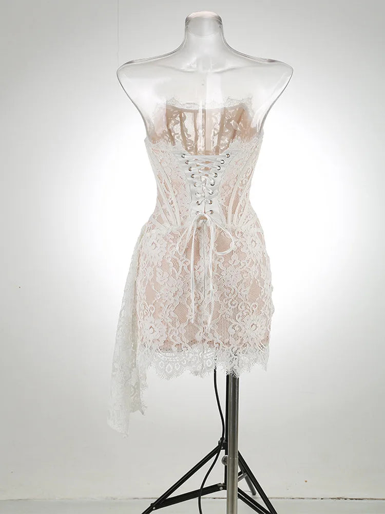 Strapless Lace Mini Dress – Elegant Sheer Patchwork Slim Fit Evening Dress