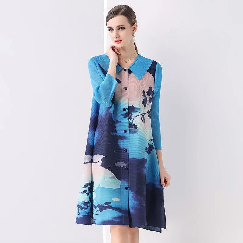 Miyake Pleated Drape Dress – Colorblock Print, 3/4 Sleeve