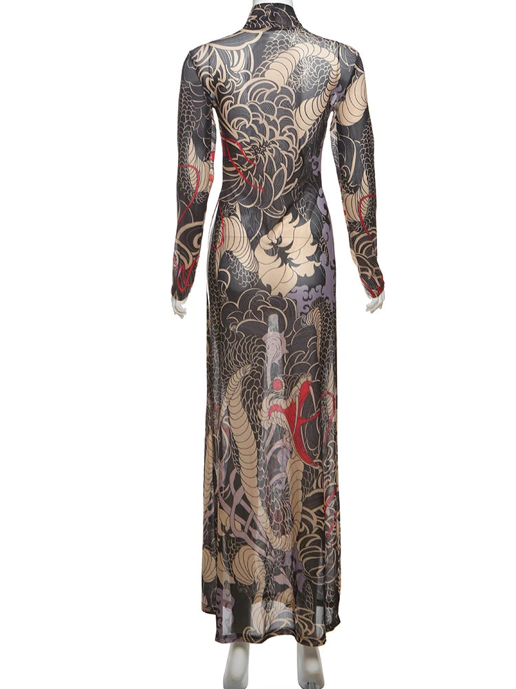 Women's Print Stand Collar Long-Line Slim Dress