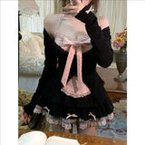 Japanese Sweet Lolita 2 Piece Sets Women Retro Off Shoulder Bow Blouse Tops Plaid Cake Mini Skirt Girls Kawaii Y2k Slim Outfits