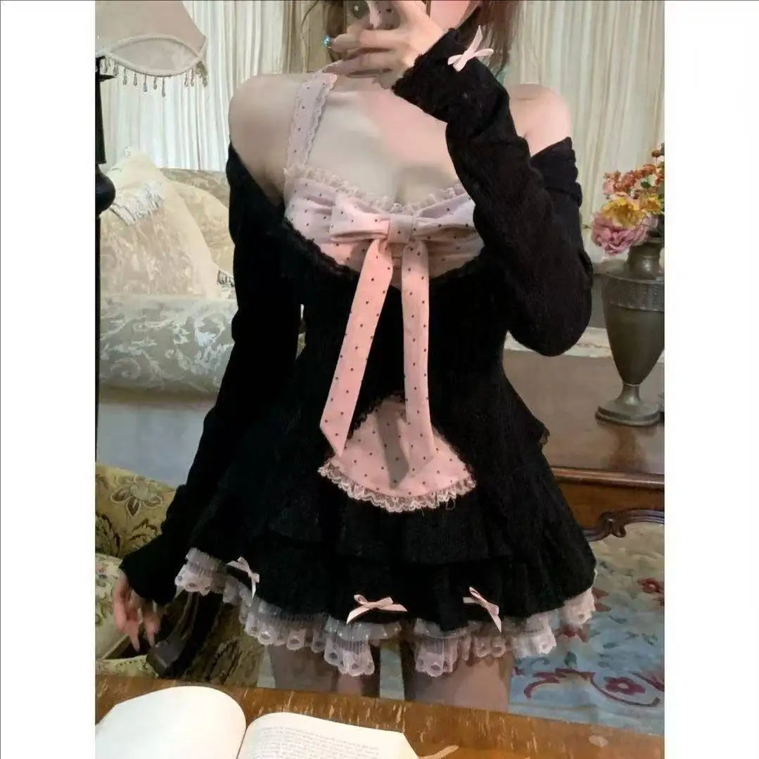 Japanese Sweet Lolita 2 Piece Sets Women Retro Off Shoulder Bow Blouse Tops Plaid Cake Mini Skirt Girls Kawaii Y2k Slim Outfits