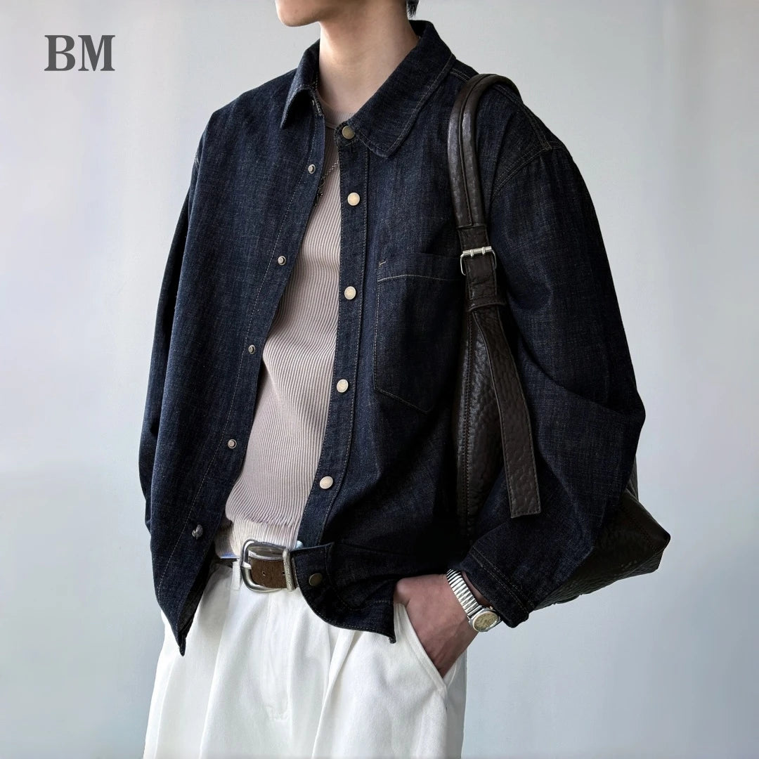 Men's American Vintage Washed Raw Denim Work Shirt Loose Fit Casual Trendy Overshirt Coat Premium Lyocell Spring Fall Streetwear