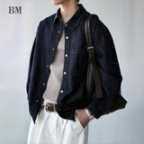 Men's American Vintage Washed Raw Denim Work Shirt Loose Fit Casual Trendy Overshirt Coat Premium Lyocell Spring Fall Streetwear