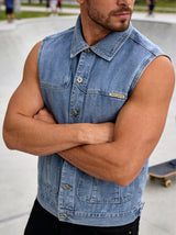 Vintage washed denim vest for men spring and autumn loose workwear sleeveless vest street style versatile layering jacket