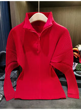 Miyake Pleated Sweatshirt Pit Stripe Zipper Standing Collar Jacket Women 2025 New Casual Pullover Hundred Pleat Skinny Tops