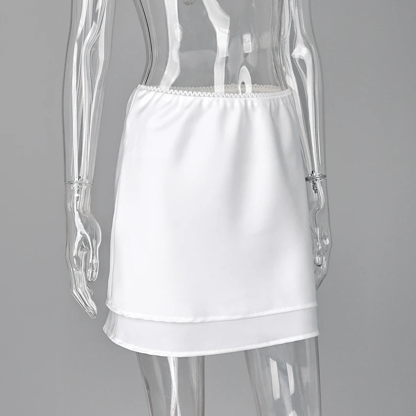 Linad White Satin Layered Lace Mini Skirt