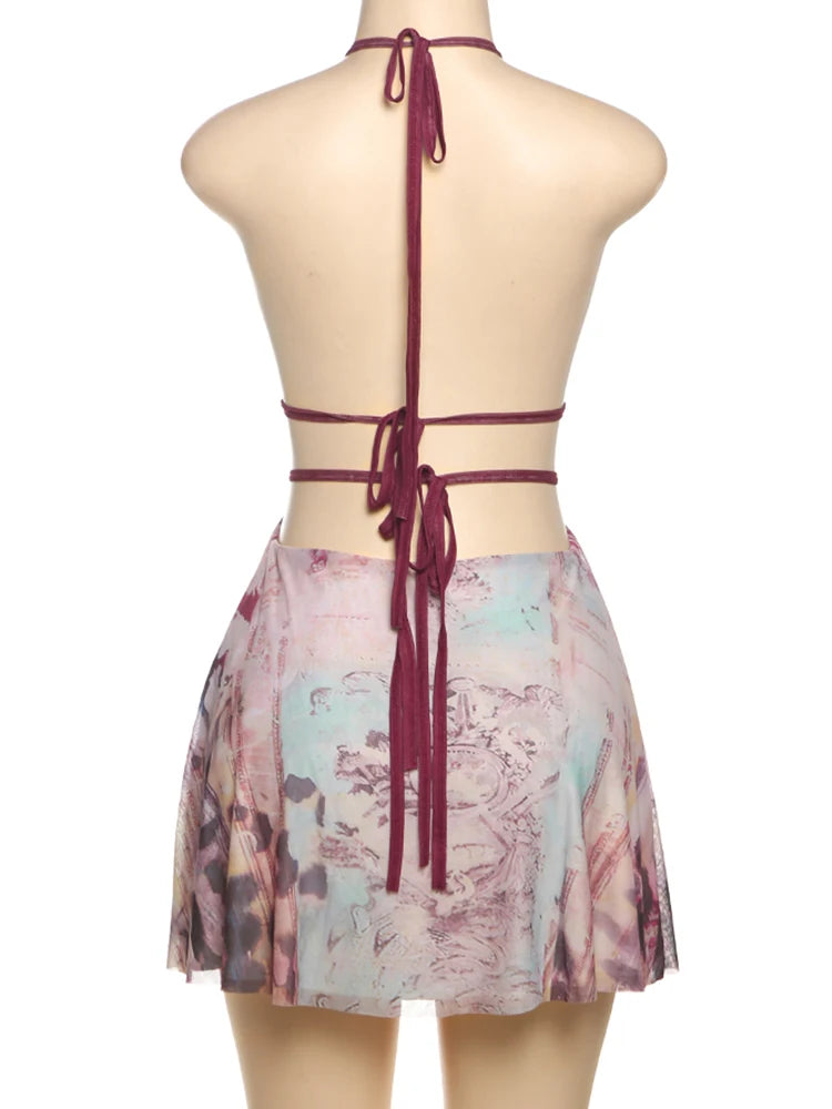 Shell Splice Halter Mini Dress - Y2K Aesthetic Backless Clubwear